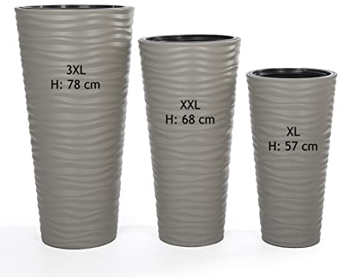 Form Blumenkübel Slim Rund Einsatz Pflanzgefäß Wellen 3D Effekt Set 3: XL XXL 3XL GRAU