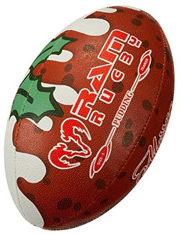 Ram Rugby Ball- Squad Trainer Ball - Christmas Pudding Design - Club Quality Rugby Training Ball. Hand stitched, 3 ply, 3-D Grip Stocking Filler/Rugby Gift for Fans