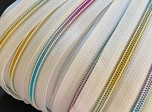 Reißverschluss endlos Spirale Regenbogen 5mm Meterware mit Zipper (Weiß, 10m + 20 Zipper)
