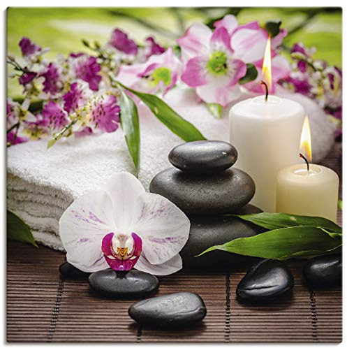 ARTLAND Wanddeko Leinwand Bilder Wandbild 40x40 cm Quadratisch Asien Wellness Zen Steine Spa Orchideen Blüte Kerze Pink Rosa K3AD