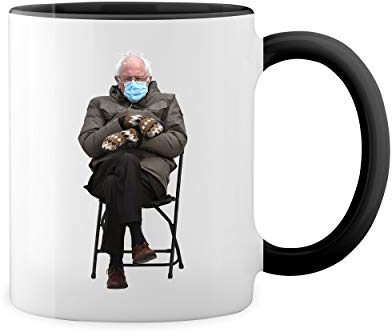 Bernie sanders meme gloves parody Weiße Tasse Mug mit schwarzen Felgen & Griff