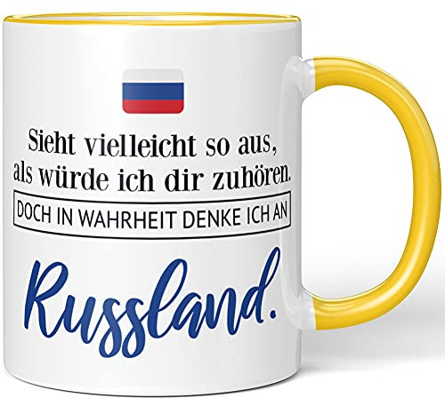 JUNIWORDS Tasse, Sieht vielleicht so aus, als würde ich dir zuhören. Doch in Wahrheit denke ich an Russland (1001338), Wähle Farbe, Gelb