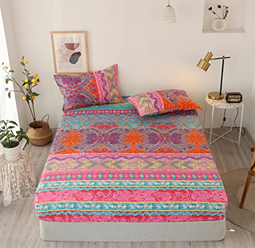 Damier Bohemian Spannbettlaken 180x200cm Indisch Mandala Muster Spannbetttuch Weiche Mikrofaser Boxspringbett Bettlaken geeignet für Matratzen von 30cm