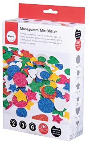 Rayher Moosgummi Mix Glitter selbstklebend, bunt, 2+3cm Ø, Box 360 Stück, 3 Formen, 6 Farben, Glitter Schaumstoff Sticker, Moosgummi-Aufkleber, zum Dekorieren 30237999