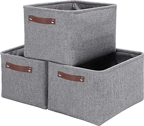 OUTBROS Collapsible Storage Baskets, Fabric Clothes Bins with Leather Handles, 3 Pcs Boxes for Organizing Home,37x26x20cm, Grey