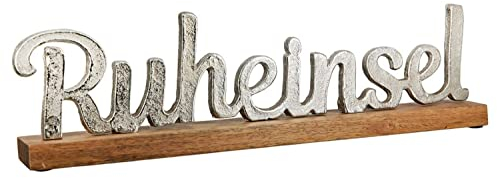 Großer edler maritimer Schriftzug auf Mango-Holz in brüniertem Aluminium als Aufsteller, Modell: RUHEINSEL, Maße 46 x 12 x 5 cm, Farbe Natur und Aluminium, tolle Deko fürs Cafe oder Zuhause
