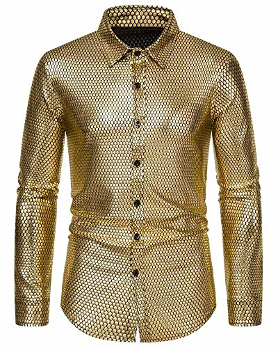 MakingDa Men's Dress Shirt Rhombus Bronzing Print Long Sleeve Button Down Shirts 70s Disco Party Costume-Gold-S