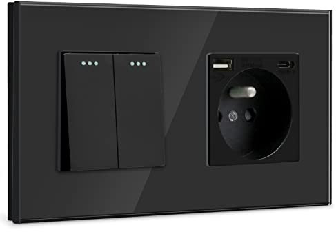 BSEED Interrupteur avec Prise Murale USB et 1 Type C Noir,2 Gang 1 Voie Interrupteur d'éclairage pour la salle de bains,Interrupteur à bascule avec panneau en verre,Multiprise Murale avec USB-2.1A