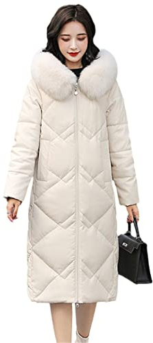 Hcclijo Damen-Leder-Mantel, Herbst, Winter, echter Kragen, locker, lang, Schaffell-Daunenjacke, Leder-Oberbekleidung, beige, 46