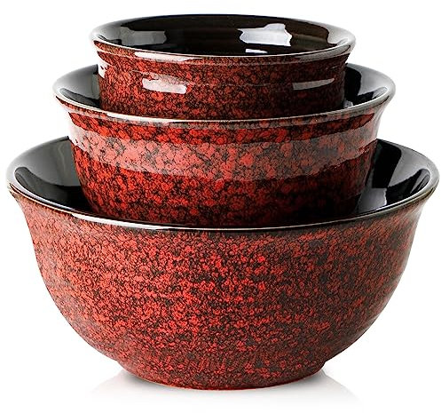 Hasense Ceramic Mixing Bowls, Large Serving Dishes Set of 3 for Cooking, Baking, Prepping, Porcelain Nesting Bowls for Salads, Fruit, Popcorn, Cereal, 2.1/1.0/0.5 Qt, Dishwasher & Microwave Safe, Red