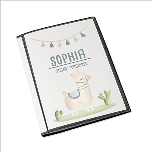 Personalisierte Zeugnismappe Kinder - Personalisiertes Geschenk zur Einschulung - inkl. 20 Klarsichthüllen DIN A4 - Zeugnismappe Mädchen - Zeugnismappe Junge - hellomini (Lama)