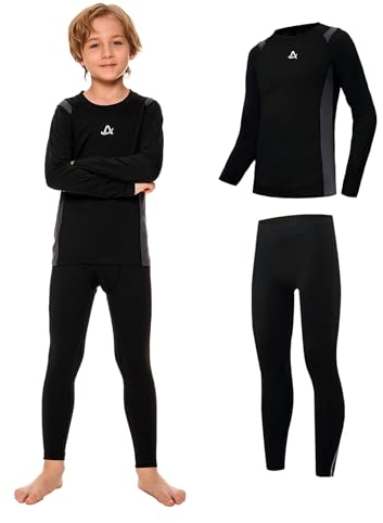 AMZSPORT Thermounterwäsche für Kinder, Skiunterwäsche und Funktionsunterwäsche für Fussball und Training im Winter, Thermowäsche für Mädchen und Jungen, Warm und Bequem, Schwarz XL