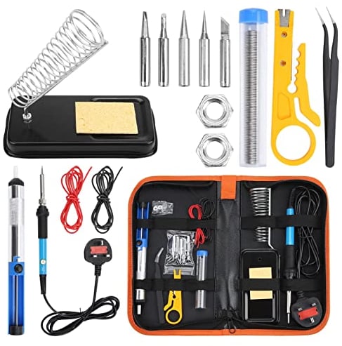 Holdfiturn Soldering Iron Kit with Solder 60W Welding Tools Adjustable Temperature Soldering-Iron Gun Kit with 5 Soldering Tips Desoldering Pump Solder Wire Wire Stripper Cutter Stand Tool Case
