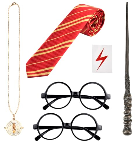 Abitoncc 6 PCS Wizard Costume Set Wizard Magic Wand and glasses Wizard Tie, Wizard Necklace for Halloween Costume Party Wizard Cosplay Fancy Dress Outfit Accessories for School Event World Book Day