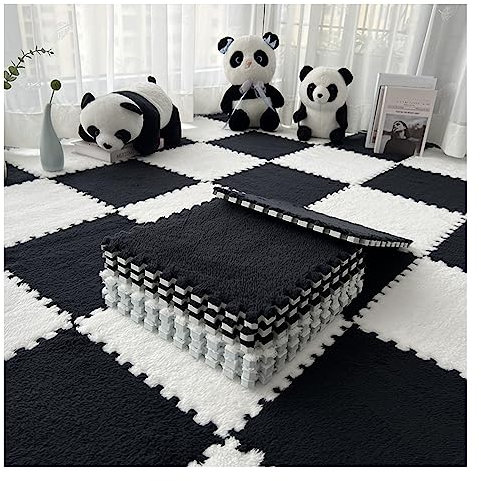 12-teilige Puzzle-Spielmatte, Flauschige Plüsch-Teppichfliesen, Quadratisches Schaumstoff-Teppich-Set, Schaumstoff-Bodenfliesen Für Spielzimmer, Schlafzimmer, 30 X 30 cm(Color:Schwarz+Weiß)