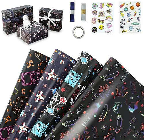 Gift Wrapping Paper, Birthday Wrapping Paper Set Included 4 Gift Wrap Papers(70x50cm), 1 Gift Sticker, 1 Double-Side Tape, 2 Ribbon, Ideal for Birthdays, DIY, Easter, Any Occasion (Gaming)
