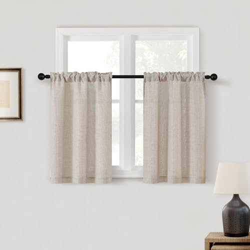 DUKIYO Küchengardine, 76,2 cm, 2 Paneele, Hellbraun, Beige, Vorhänge, Leinen, Stufenvorhang, 76,2 cm Länge, Privatsphäre, rustikales Bauernhaus, Boho, Café, kurze Vorhänge für kleines Fenster,