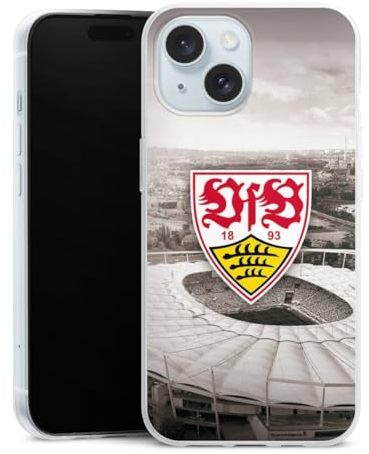 Slim Case extra dünn kompatibel mit Apple iPhone 15 Silikon Handyhülle transparent Hülle VfB Stuttgart Offizielles Lizenzprodukt Stadion