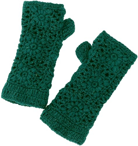 GURU SHOP Gehäkelte Handstulpen Blümchen, Armstulpen aus Schurwolle, Pulswärmer - Dunkelgrün, Herren/Damen