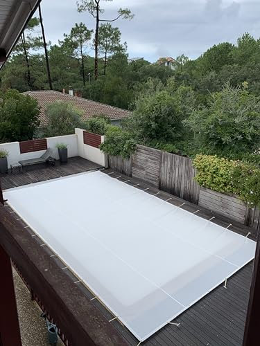 Winter-Abdeckplane, Netz, weiß, 9,70 x 4,70 m, für Pool max. 9 x 4 m, hergestellt in Frankreich, 350 g/m², UV-behandelt, Lieferung mit Cabiclic Sandows + Haken