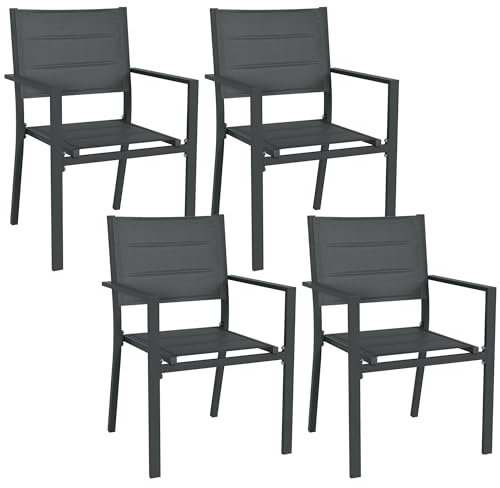 Outsunny Set aus 4 stapelbaren Gartenstühlen aus Aluminium und Textilene mit Armlehnen, 4er-Set für den Außenbereich, grau