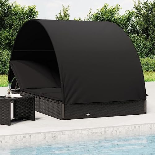 Rantry Casa Sonnenliege mit Doppeldach, rund, schwarz, 211 x 112 x 140 cm, aus Polyrattan, Sonnenliegen, Liegen für den Garten, für Terrasse, Pool, Balkon, Dekor