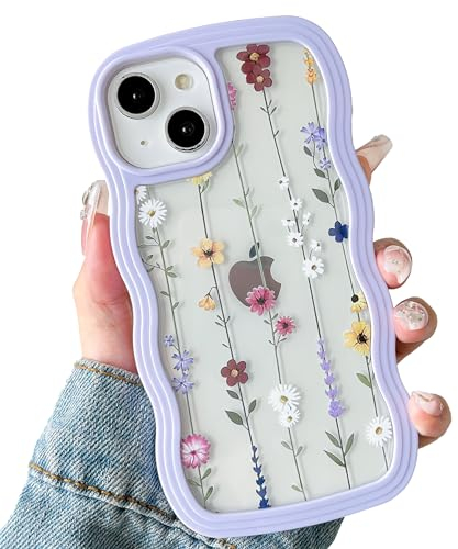 ZTOFERA Wavy Case for iPhone 14 Plus/15 Plus (6.7), Cute Clear Protective Case with Climbing Flowers Pattern, Hard PC Colored Wave Frame Soft Silicone Bumper Shockproof Cover for Girls Women, Purple