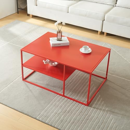 [en.casa] Couchtisch Solund Beistelltisch Metall Rot Wohnzimmertisch mit Stauraum 90 x 60 x 45 cm Sofatisch rechteckig Kaffeetisch