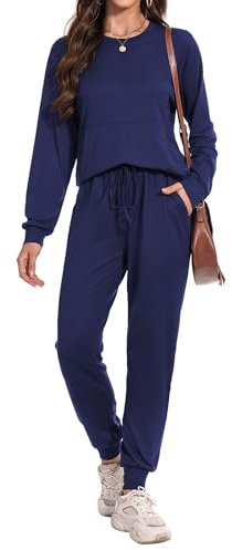 Irevial Damen Sportanzug Set Jogginganzug Zweiteiler Trainingsanzug Langarm Baumwolle 2 Teilig Freizeitanzug Sportswear Freizeitkleidung Sportswear für Running Yoga Gym Blau L