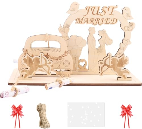 ENLACE Geldgeschenk Hochzeit Holz,Just Married Hochzeitsgeschenke für Brautpaar,Kreatives Hochzeitsgeschenk Geld Holz,Mr & Mrs Hochzeit Geldgeschenk mit Auto,Geldgeschenke Zur Hochzeit