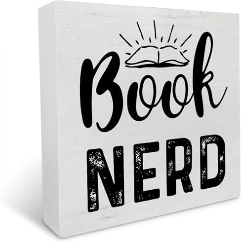 Buch-Nerd-Holz-Schild, Dekoration, Schreibtischschild, Buchliebhaber, Holzkiste, Blockschild, rustikales Zuhause, Regal, Tischdekoration, 12,7 x 12,7 cm
