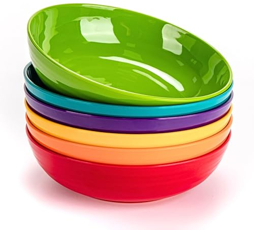 MIYOPESI 8-Inch Melamine Salad Bowls (Set of 6), Unbreakable and Reusable Pasta Bowls with Ceramic Feel, Stackable and Dishwasher-Safe Plastic Dinner Bowls, Versatile for All Meals (Multi-color)