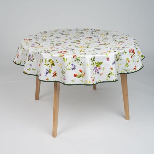 laro 140cm runde Wachstuch Tischdecke abwaschbar Wachstuchtischdecke mit Saum-Eingefasst-Paspelband, Muster:Blumen Hagebutten, Größe: Rund 140cm