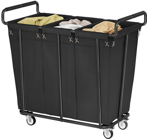 Gewudraw Laundry Hamper, 360L 3-Compartment Large Laundry Basket on Wheels | Heavy Duty Laundry Trolley, Extra Large Washing Basket with Steel Frame, Waterproof Liner, for Laundry Room, Hotel, Black