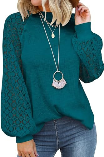 Zeagoo Women's Lace Long Sleeve Tops Dressy Business Casual Blouses Work Shirts Fall Tunics Blue-Green