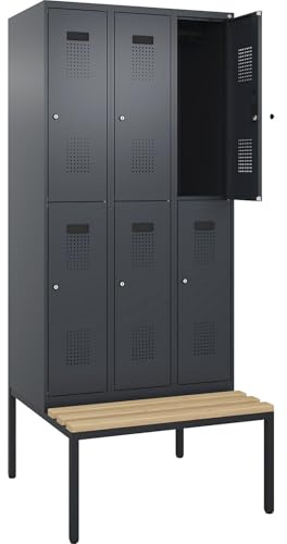 kaiserkraft | Doppelstock-Spind Evolo Plus Sitzbank | 3 Abteile | grau | B 900 mm | Zylinderschloss | mit untergebauter Sitzbank | Buche