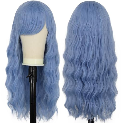 Perücke Blau Damen Lang Locken für Frauen mit Pony Natürlich Wig Cosplay Alltag Kostümparty Halloween Karneval Kunsthaar Perücken VD132D