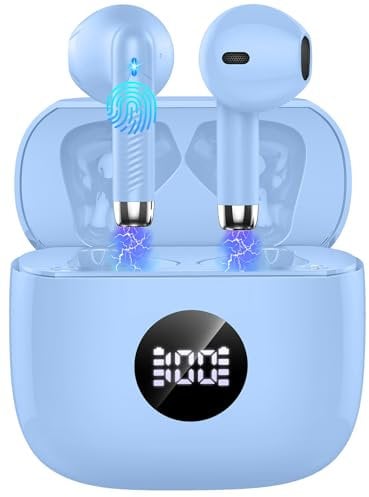 Jxrev Wireless Earbuds, Bluetooth 5.4 Headphones in Ear with 4 ENC Noise Cancelling Mic, 40H Playtime Earphones with HiFi Stereo Deep Bass, Wireless Headphones IP7 Waterproof, USB-C, Sky Blue