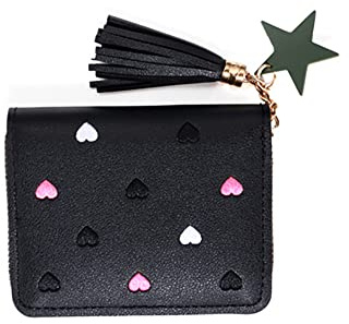 HUATEEN Damen Geldbeutel Schwarz,Kleines Portemonnaie aus PU-Leder mit Reißverschluss, Mini Geldbörse für Karten, Münzen und Scheine, Praktische und Stylische Geldbörse für Frauen und Mädchen