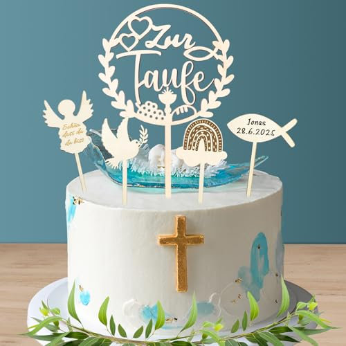 Wentsent Cake Topper Taufe Holz, Zur Taufe Tortendeko, Taube Fisch Regenbogen Engel Kuchen Deko Mädchen Junge