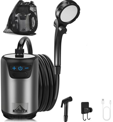 TINIFO Campingdusche mit Pumpe, Tragbare Camping Dusche mit wiederaufladbarem 8000mAh Akku, Mobile Dusche mit Temperaturanzeige, 2m Schlauch für Camping, Autowaschen, Gartendusche und Haustierwäsche
