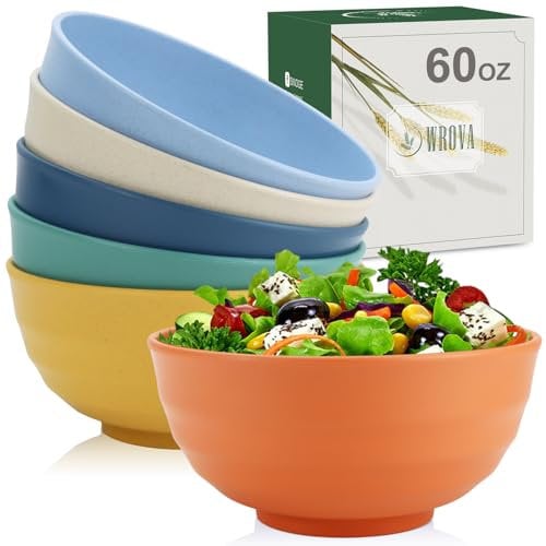 Wrova Plastic Bowls Set 60 OZ Unbreakable Large Cereal Bowl Set of 6 - Microwave and Dishwasher Safe, Big Bowls for Camping and Party - Soup Bowl for Serving Oatmeal and Salad - 6 Colors