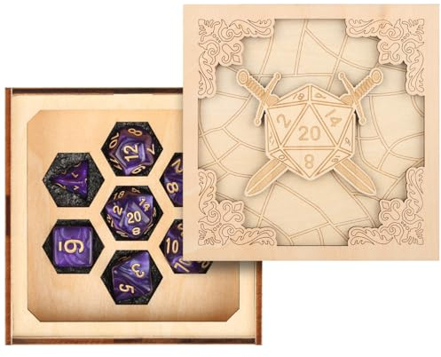 D&D Würfel mit Box, 7 Lila Polyedrische Würfel, Holz D20 Doppelschwerter Design, Rollenspiele Würfel Boxen, Schachbrett Aufbewahrung Zubehör, DND Geschenke für Fantasie Tabletop Spieler