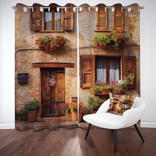 Blumen Topfpflanze Vorhang Blickdicht Schallschutz, Mediterrane Landhausstil Gardinen mit Ösen 2er Set 240x70 cm, Rustikale Dorf Landschaft Verdunklungsvorhänge Schlafzimmer, Curtains Living Room