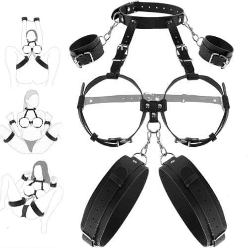 BDSM Bondage Fesselset für Frauen, Bondage Ausrüstung mit Brustfesseln Handschellen Oberschenkelriemen, SM Spielzeug mit Kinky Dessous Harness Hand- & Oberschenkelmanschetten für Paare & Bettfesselung