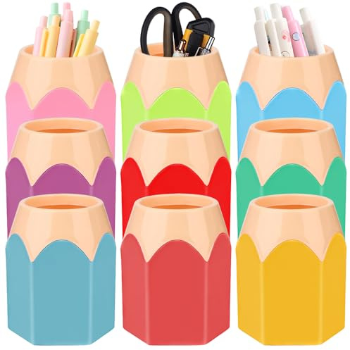 LUFEIS 9 Pack Plastic Pen Vase Pencil Pot, Creative Pencil Tip design Pen Vase, Colourful Makeup Brush Holder, Multifunctional Pencils Holder Desk Organiser for Home, Office, School