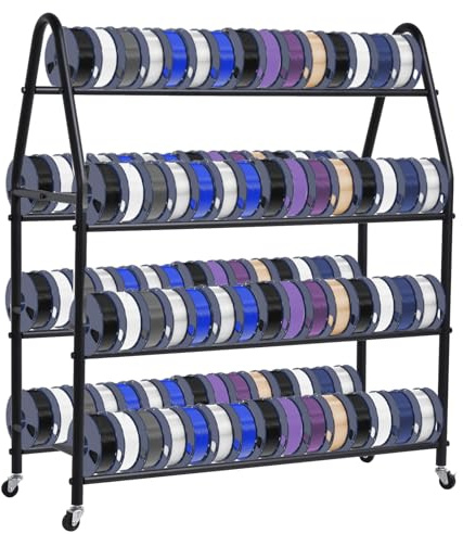 Filament-Rollspulenhalter 3D-Drucker | Schwerlast Metallregal 4 Ebenen, 7 Reihen | Organizer Für 1,75 Mm Filamentspulen PLA ABS TPU Nylon | Mobiles regals Mit 2 Arretierbaren Rollen | 110x94x37,5 Cm