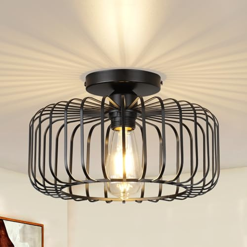 CALOKES Black Flush Ceiling Light Fixture, Modern Metal Cage Semi Flush Mount Lighting for Indoor Room, Bedroom, Kitchen, Living, Dining, Hallway – E27 Base, No Bulb Included