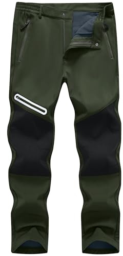 Tyhengta Waterproof Work Trousers Men Cargo Winter Thermal Fleece Trousers Outdoor Hiking Fishing Hunting Trouser Army Green,36