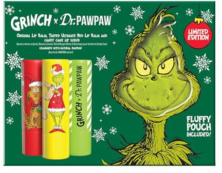 Dr.PAWPAW x The Grinch Lip Care Gift Set 3 x 4g with Pouch, Ultimate Red Balm Candy Cane Lip Scrub and Original Balm, Exfoliating and Hydrating Pawpaw Lip Care Trio